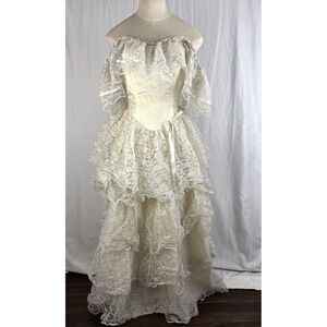 Vintage 70s 80s Lace Corset Dress Off Shoulder Bridal Prairie Cottagecore 7/8